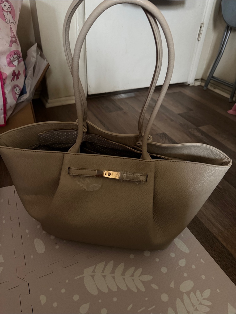 Taupe Pebbled Leather Tote with Gold Accent